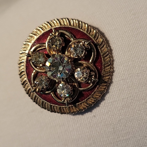 Vintage Round Gold Brown Rhinestone Brooch - Picture 7 of 12